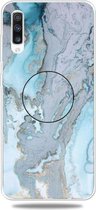 Voor Galaxy A50 reliëf gelakt marmer TPU beschermhoes met houder (zilverblauw)