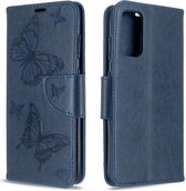 Voor Galaxy S20 Embossing Two Butterflies Pattern Horizontale Flip PU Leather Case met houder & kaartsleuf & portemonnee & Lanyard (blauw)