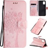 Voor Galaxy A51 Tree & Cat Pattern Pressed Printing Horizontale Flip PU Leather Case met houder & kaartsleuven & portemonnee & Lanyard (Rose Gold)