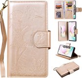 Voor Galaxy Note 10 Plus vrouw en kat reliëf horizontale flip lederen tas, met portemonnee & houder & kaartsleuven & fotolijst & spiegel & lanyard (goud)