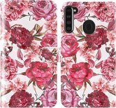 Voor Samsung Galaxy A21 3D schilderij Gekleurde tekening patroon Horizontaal Flip TPU + PU lederen tas met houder & kaartsleuven & portemonnee & lanyard (kleine rode bloem)