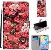 Gekleurde tekening Cross Texture Horizontale Flip PU lederen tas met houder & kaartsleuven & portemonnee & lanyard voor iPhone 12 mini (Pink Rose Garden)