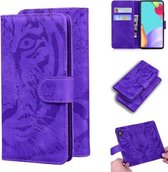 Voor Samsung Galaxy A52 5G Tiger Embossing Pattern Horizontale Flip lederen tas met houder & kaartsleuven & portemonnee (paars)