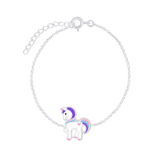 Zilveren kinderarmband met een witte eenhoorn met paarse, roze en blauwe manen en staart