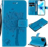 Voor iPhone 12/12 Pro Tree & Cat Reliëfpatroon Horizontale Flip lederen hoes met houder & kaartsleuven & portemonnee & lanyard (blauw)