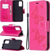 Voor Xiaomi Poco M3 Embossing Two Butterflies Pattern Horizontale Flip PU Leather Case met houder & kaartsleuf & portemonnee & Lanyard (Rose Red)