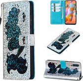 Voor Galaxy A11 - Leren hoesje met glitterpatroon met links en rechts met beugel en kaartsleuf en portemonnee en lanyard (zeemeermin en zeepaardje)