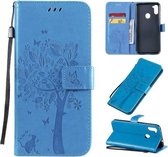 Voor Galaxy M11 / A11 Tree & Cat Pattern Pressed Printing Horizontale Flip PU lederen tas met houder & kaartsleuven & portemonnee & lanyard (blauw)