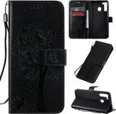 Voor Galaxy A21 Tree & Cat Pattern Pressed Printing Horizontale Flip PU lederen tas met houder & kaartsleuven & portemonnee & lanyard (zwart)