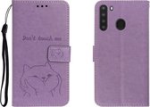 Voor Galaxy A21 reliëf Shiba Inu links en rechts lederen tas met standaard & kaartsleuf & sallet (paars)