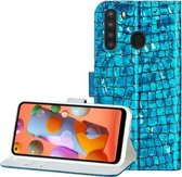 Voor Galaxy A21 Laser Glitter Stiksels Krokodil Textuur Horizontale Flip Leren Case met Sleuven & Beugel (Blauw)