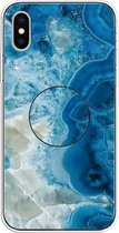 Voor iPhone XS / X reliëf gelakt marmer TPU beschermhoes met houder (lichtblauw)