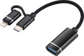 USB 3.0 vrouwelijk naar 8-pins + USB-C / Type-C mannelijk opladen + transmissie OTG nylon gevlochten adapterkabel, kabellengte: 11 cm (zwart)