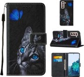 Voor Samsung Galaxy S21 5G Cross Texture Painting Pattern Horizontale Flip Leather Case met Houder & Kaartsleuven & Portemonnee & Lanyard (Blue Butterfly Cat Eyes)