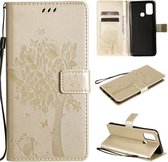 Voor OPPO A53 (2020) / A32 Tree & Cat Pattern Pressed Printing Horizontale Flip PU lederen tas met houder & kaartsleuven & portemonnee & lanyard (goud)