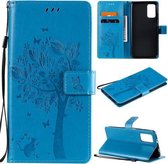 Voor Xiaomi Redmi Note 9 4G Tree & Cat Pattern Pressed Printing Horizontale Flip PU lederen tas met houder & kaartsleuven & portemonnee & lanyard (blauw)