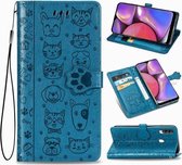 Voor Galaxy A20S schattige kat en hond reliëf horizontale flip lederen tas met beugel / kaartsleuf / portemonnee / lanyard (blauw)