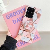 Voor Galaxy S20 Plating Kleurrijk Geometrisch Patroon Mozaïek Marmer TPU Mobiele Telefoon Case met Opvouwbare Beugel (Roze PF1)