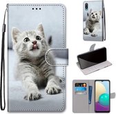 Voor Samsung Galaxy A02 / M02 Gekleurde tekening Cross Texture Horizontale Flip PU lederen tas met houder & kaartsleuven & portemonnee & lanyard (kleine grijze kat)