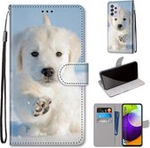 Voor Samsung Galaxy A52 5G Gekleurde Tekening Cross Textuur Horizontale Flip PU Lederen Case met Houder & Kaartsleuven & Portemonnee & Lanyard (Sneeuw Puppy)