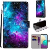 Voor Samsung Galaxy A02 / M02 Gekleurde tekening Cross Texture Horizontale Flip PU lederen hoes met houder & kaartsleuven & portemonnee & lanyard (paarsgroene sterrenhemel)