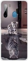 Voor Samsung Galaxy A21 gekleurd tekeningpatroon zeer transparant TPU beschermhoes (kat tijger)