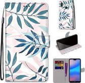 Voor Huawei P20 Lite / nova 3e Gekleurde Tekening Cross Textuur Horizontale Flip PU Lederen Case met Houder & Kaartsleuven & Portemonnee & Lanyard (Roze Groen Blad)