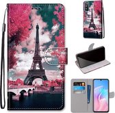 Voor Huawei Enjoy Z / 20 Pro Gekleurde Tekening Cross Textuur Horizontale Flip PU Leren Case met Houder & Kaartsleuven & Portemonnee & Lanyard (Pink Flower Tower Bridge)