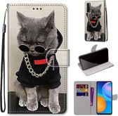 Voor Huawei P smart 2021 / Y7a Gekleurde Tekening Cross Textuur Horizontale Flip PU Lederen Case met Houder & Kaartsleuven & Portemonnee & Lanyard (Gouden Ketting Grijze Kat)