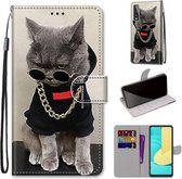 Voor LG Stylo 7 5G Gekleurde Tekening Cross Textuur Horizontale Flip PU Lederen Case met Houder & Kaartsleuven & Portemonnee & Lanyard (Gouden Ketting Grijze Kat)