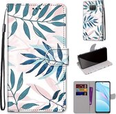 Voor Xiaomi Mi 10T Lite Gekleurde Tekening Cross Textuur Horizontale Flip PU Lederen Case met Houder & Kaartsleuven & Portemonnee & Lanyard (Roze Groen Blad)