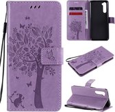 Voor OnePlus Nord Tree & Cat Pattern Pressed Printing Horizontale Flip PU lederen hoes met houder & kaartsleuven & portemonnee & lanyard (lichtpaars)