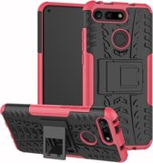 Bandentextuur TPU + PC schokbestendig telefoonhoesje voor Huawei Honor V20, met houder (roze)