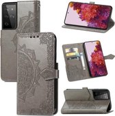 Voor Samsung Galaxy S21 Ultra 5G Mandala Bloem Reliëf Horizontale Flip Leren Case met Houder & Drie Kaartsleuven & Portemonnee & Lanyard (Grijs)