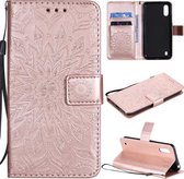 Voor Samsung Galaxy M01 Geperst Afdrukken Zonnebloem Patroon Horizontale Flip PU Lederen Case met Houder & Kaartsleuven & Portemonnee & Lanyard (Rose Goud)