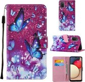 Voor Samsung Galaxy A02s Cross Texture Painting Pattern Horizontale Flip Leather Case met houder & kaartsleuven & portemonnee & lanyard (paarse vlinders)