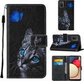 Voor Samsung Galaxy A02s Cross Texture Painting Pattern Horizontale Flip Leather Case met Houder & Kaartsleuven & Portemonnee & Lanyard (Blue Butterfly Cat Eyes)