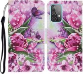 Voor Samsung Galaxy A52 5G Gekleurde Tekening Patroon Horizontale Flip PU Lederen Case met Houder & Kaartsleuven & Portemonnee & Lanyard (Rose Vlinder)