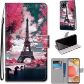 Voor Samsung Galaxy A42 5G Gekleurde Tekening Cross Textuur Horizontale Flip PU Lederen Case met Houder & Kaartsleuven & Portemonnee & Lanyard (Pink Flower Tower Bridge)