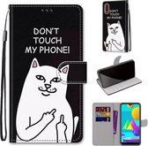 Voor Samsung Galaxy M01 Gekleurde Tekening Cross Textuur Horizontale Flip PU Lederen Case met Houder & Kaartsleuven & Portemonnee & Lanyard (Middelvinger Witte Kat)