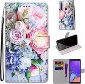 Voor Samsung Galaxy A9 2018 Gekleurde Tekening Cross Textuur Horizontale Flip PU Lederen Case met Houder & Kaartsleuven & Portemonnee & Lanyard (Lichtroze Boeket)