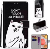 Voor Samsung Galaxy A42 5G Gekleurde Tekening Cross Textuur Horizontale Flip PU Lederen Case met Houder & Kaartsleuven & Portemonnee & Lanyard (Middelvinger Witte Kat)