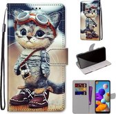 Voor Samsung Galaxy A21 Gekleurde Tekening Cross Textuur Horizontale Flip PU Lederen Case met Houder & Kaartsleuven & Portemonnee & Lanyard (Leren Schoenen Kat)