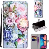 Voor Samsung Galaxy A20e Gekleurde Tekening Cross Textuur Horizontale Flip PU Lederen Case met Houder & Kaartsleuven & Portemonnee & Lanyard (Lichtroze Boeket)