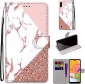 Voor Samsung Galaxy A01 Gekleurde tekening Cross Texture Horizontale Flip PU lederen tas met houder & kaartsleuven & portemonnee & lanyard (stiksel roze steen patroon)