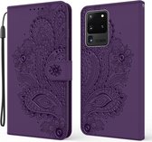 Voor Samsung Galaxy S20 Ultra Pauw Reliëf Patroon Horizontale Flip Leren Case met Houder & Kaartsleuven & Portemonnee & Lanyard (Paars)