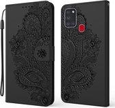 Voor Samsung Galaxy A21s Pauw Reliëf Patroon Horizontale Flip Leren Case met Houder & Kaartsleuven & Portemonnee & Lanyard (Zwart)