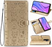 Voor Xiaomi Redmi 9 Mooie kat en hond Embossing patroon Horizontale flip lederen tas met houder & kaartsleuven & portemonnee & cartoon sluiting & lanyard (goud)