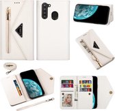 Voor Samsung Galaxy A21 Skin Feel Rits Horizontale Flip Leren Case met Houder & Kaartsleuven & Fotolijst & Lanyard & Lang Touw (Wit)