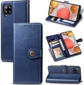 Voor Samsung Galaxy A42 5G retro effen kleur lederen gesp telefoonhoes met lanyard & fotolijst & kaartsleuf & portemonnee & standaardfunctie (blauw)